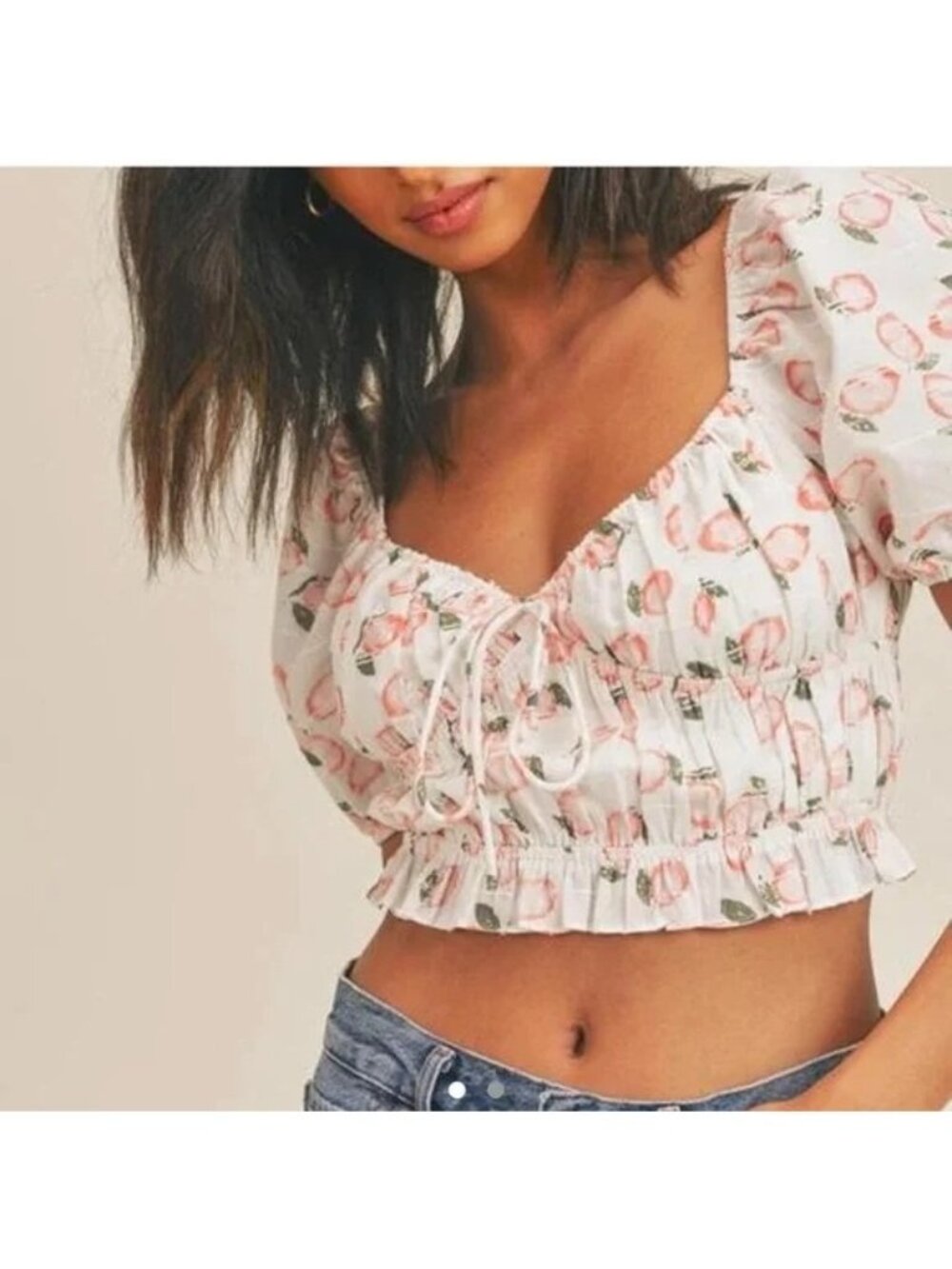 Lush Crop Top Large Peach Print Puff Sleeve White Red Milkmaid Peasant Bohemian